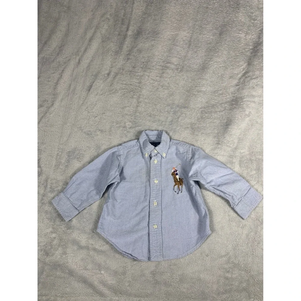 Ralph Lauren Big Pony Polo Player Baby Long Sleeve Oxford Button Shirt 12M Blue